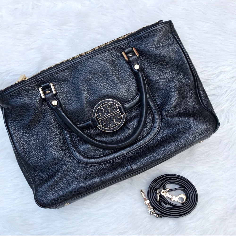 Tory Burch Black Leather Crossbody Satchel with Gold Hardware